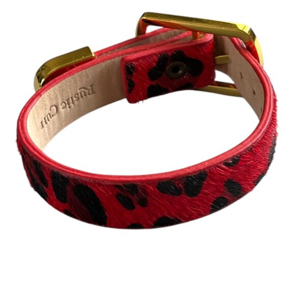 Rustic Cuff Red Animal Print Calfhair Buckle Logo Adjustable Bracelet - Picture 2 of 4